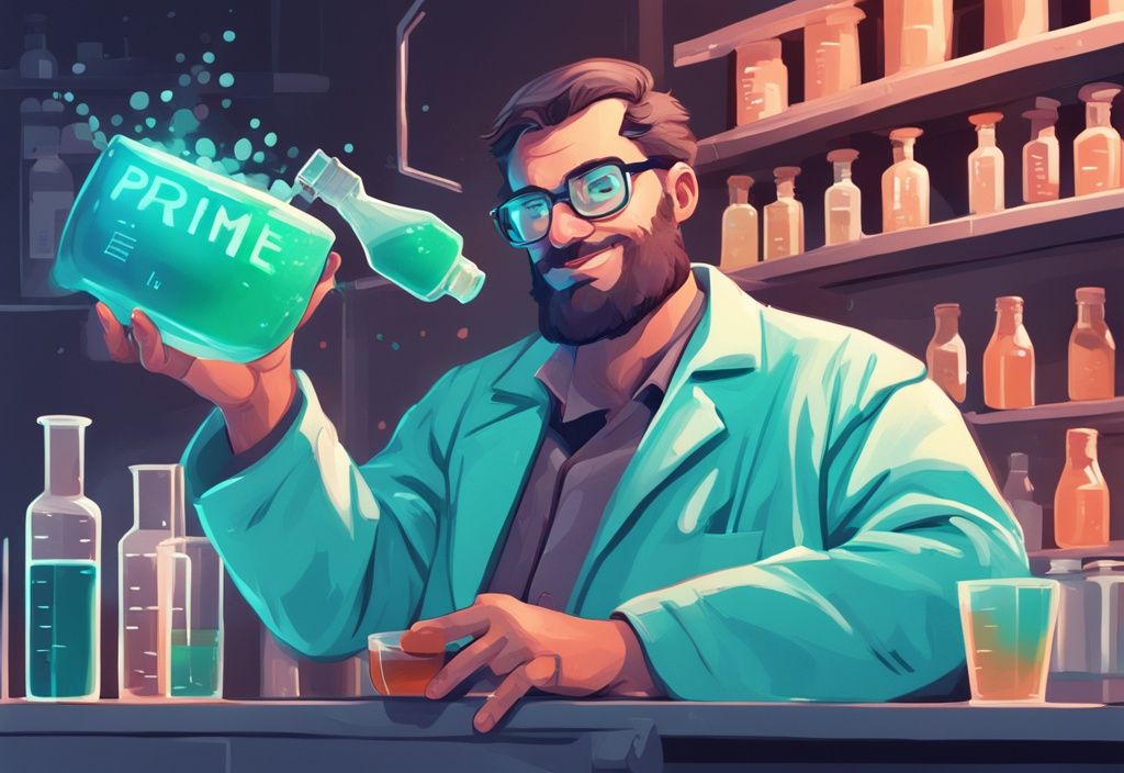 Moderner digitaler Gemälde-Illustration eines Wissenschaftlers im Labor, der ein leuchtendes, sprudelndes Getränk mit der Aufschrift "Prime Drink" hält, Hauptfarbthema Teal, wer hat den Prime Drink erfunden.