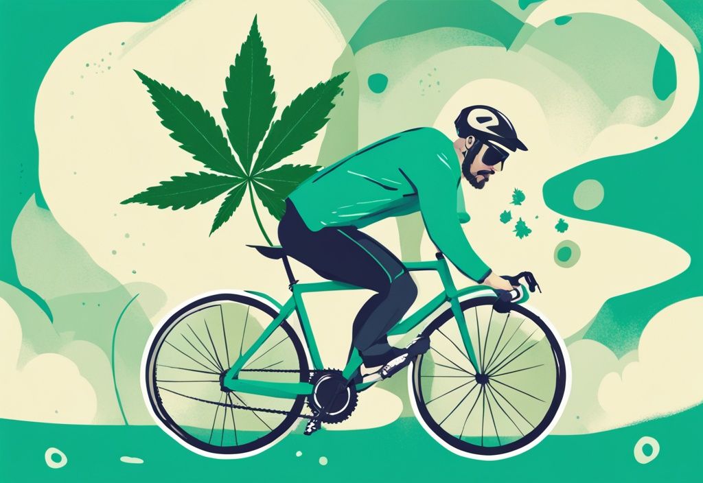 Moderner digitaler Gemäldeillustration in Türkis: Ein Radfahrer balanciert auf einem Fahrrad, mit einer Gedankenblase, die ein Cannabisblatt und ein Fragezeichen zeigt, was seine Verwirrung über die Legalität des Fahrradfahrens unter Einfluss andeutet. Keyword: darf man bekifft Fahrrad fahren.