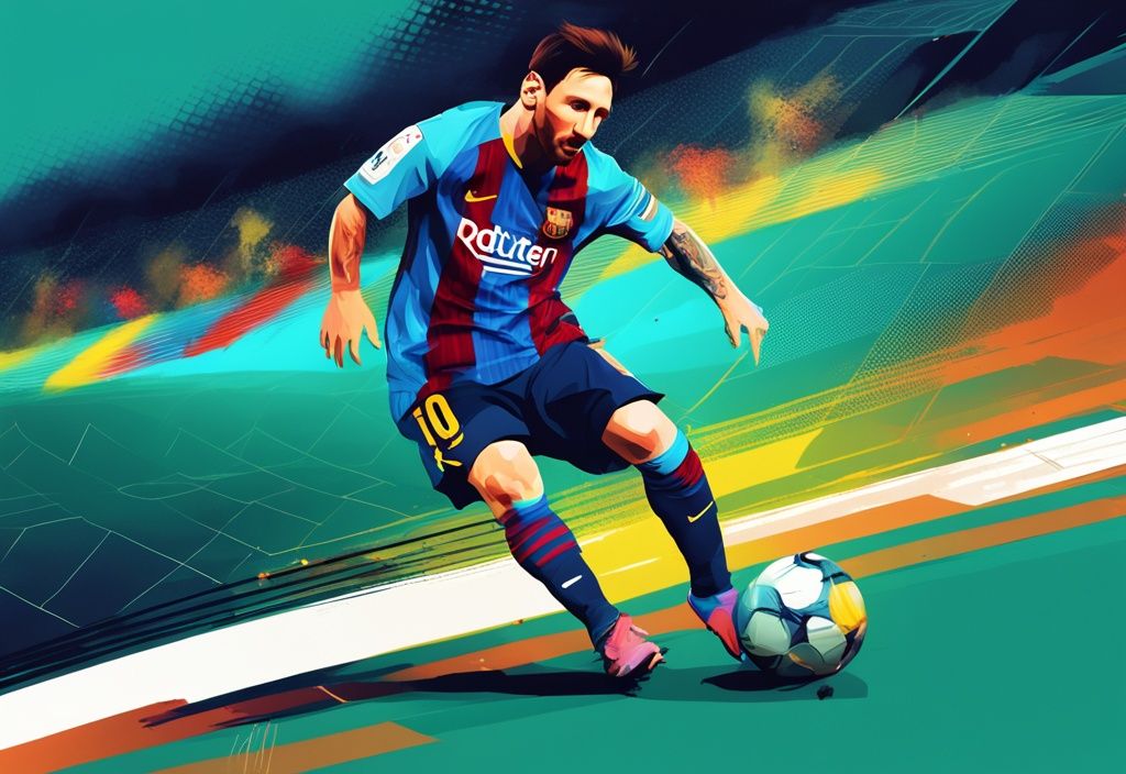 Moderner digitaler Gemälde-Illustration von Lionel Messi beim Dribbeln eines Fußballs auf einem hell erleuchteten Stadionfeld, Hauptfarbthema ist Türkis.