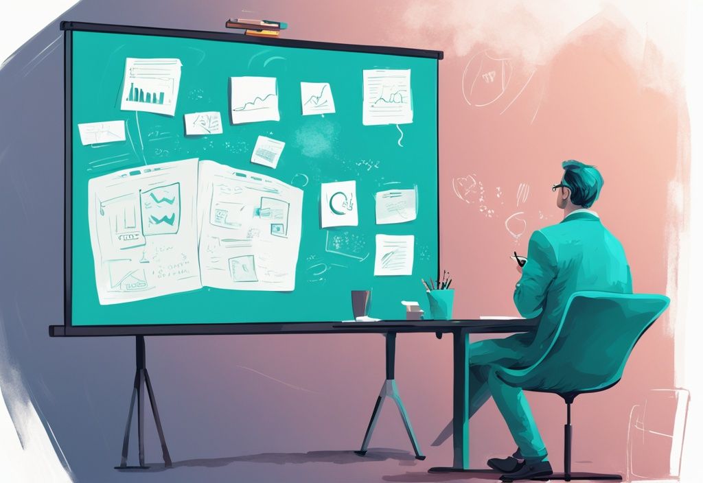 Moderner digitaler Gemälde-Illustration mit Hauptfarbthema Türkis: Mann beim Brainstorming von Geschäftsideen auf einem großen Whiteboard, symbolisiert seinen Weg zur Selbstständigkeit.