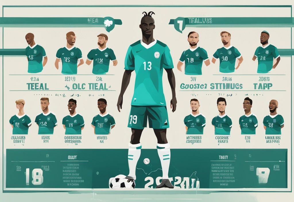 Vergleichendes Infografik-Bild der besten Fußballspieler als 'GOAT' (Größte aller Zeiten) mit modernen digitalen Malerei-Illustrationen in Teal, zeigt wichtige Statistiken und Errungenschaften.