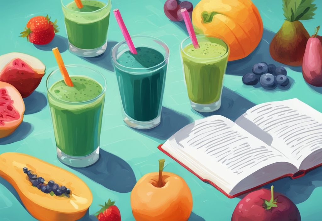 Moderne digitale Malerei mit dem Hauptfarbthema Türkis, zeigt bunte Smoothies in verschiedenen Gläsern, umgeben von frischem Obst und Gemüse sowie einem sichtbaren Buch oder Diagramm mit einem Diätplan.