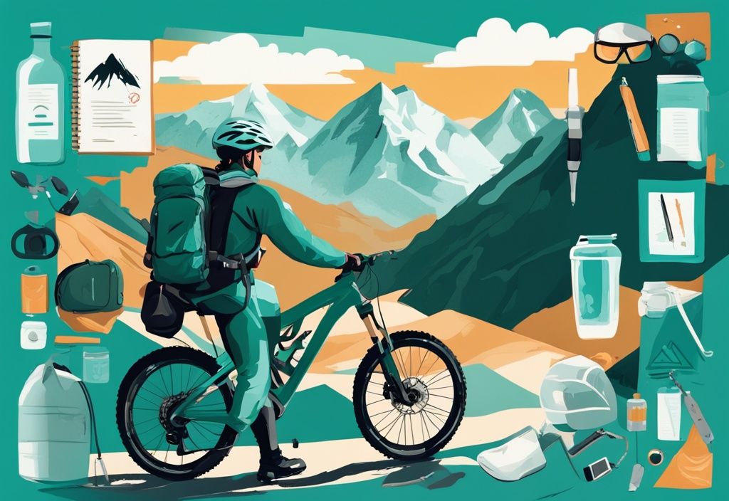 Moderne digitale Illustration eines Trekkingrads mit Helm, Wasserflasche und Karte vor einer inspirierenden Bergpfad-Kulisse, Hauptfarbthema: Türkis.