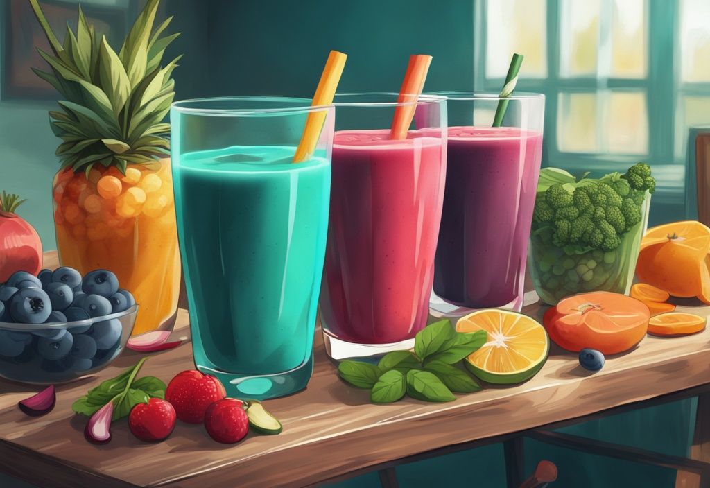 Moderne digitale Illustration einer Smoothie-Diät mit verschiedenen bunten Smoothies in hohen Gläsern auf einem Holztisch, umgeben von frischen Früchten und Gemüse, im Hintergrund ein Diätplan. Hauptfarbthema: Türkis.