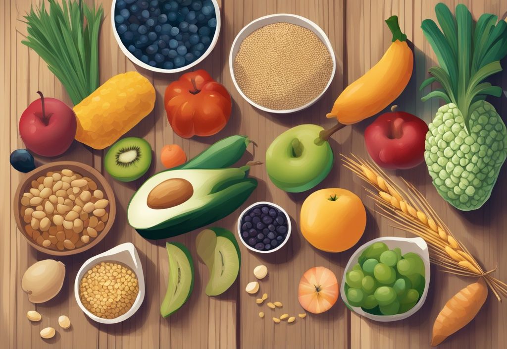 Moderne digitale Malerei mit frischen Früchten, Gemüse und Vollkornprodukten auf einem Holztisch, ohne Weizen und Zucker; Diäten ohne Weizen und Zucker.
