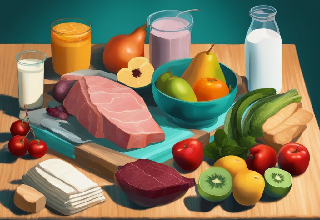 Moderne digitale Malerei mit Teal-Farbschema: Bunte Früchte, Gemüse, mageres Fleisch und Milchprodukte auf Holztisch, symbolisiert eine Ernährung ohne Weizen und Zucker.
