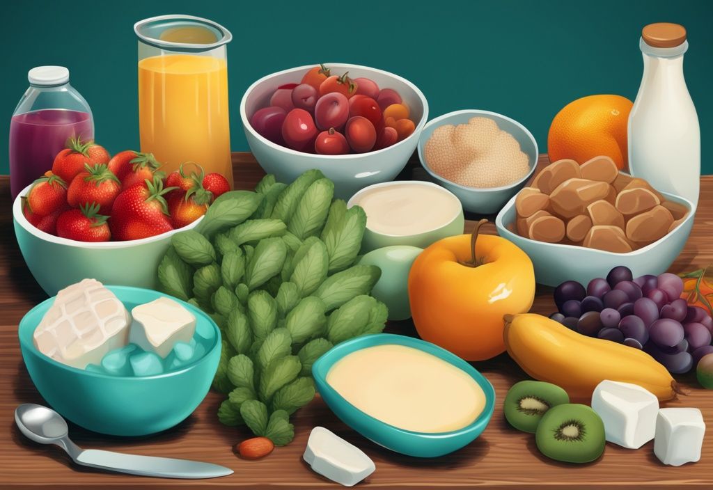 Moderne digitale Illustration eines gesunden Tisches mit einer Vielzahl bunter Früchte, Gemüse, magerem Fleisch und Milchprodukten, symbolisiert eine Ernährung ohne Weizen und Zucker, Hauptfarbe: Türkis.
