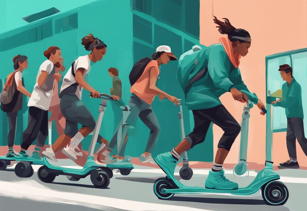 Moderne digitale Illustration in Türkis, die Alternativen zum Fahrradfahren zeigt: Personen beim Inlineskaten, Skateboarden und Rollerfahren.