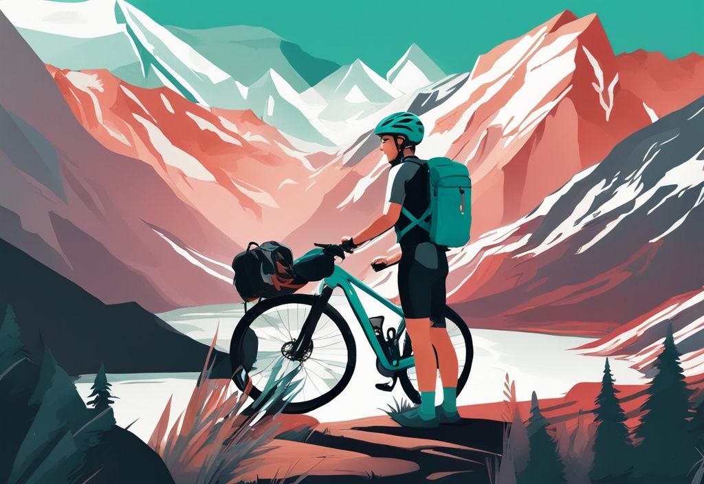 Moderne digitale Malerei eines Trekking-Fahrrads in Teal, umgeben von Helm, Wasserflasche und Karte vor einer malerischen Bergkulisse; ideal für die Frage: was ist ein Trekking-Fahrrad.