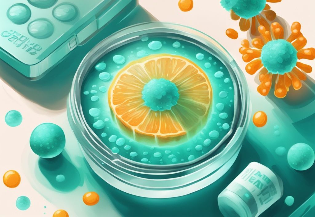 Moderne digitale Illustration in Türkis mit leuchtender Vitamin-C-Tablette und verblassten Coronavirus-Bildern, symbolisierend die Frage: hilft hochdosiertes Vitamin C bei Corona?