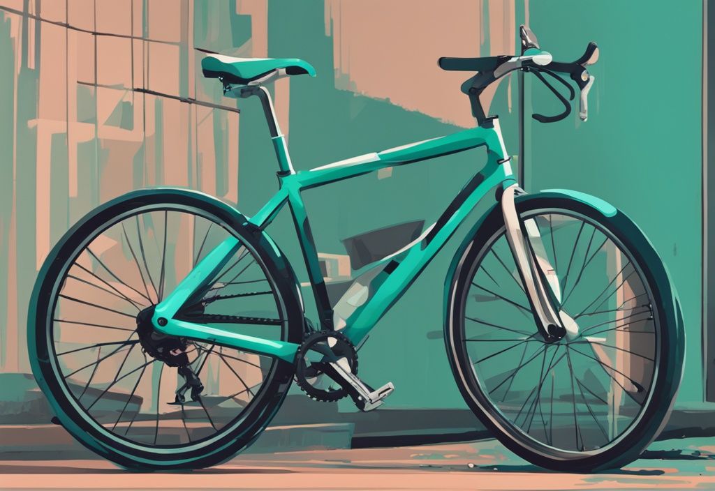 Modernes digitales Gemälde einer fahrtüchtigen Fahrradabbildung in Teal mit aufgepumpten Reifen, funktionierenden Bremsen und gut beleuchteten Front- und Rücklichtern.