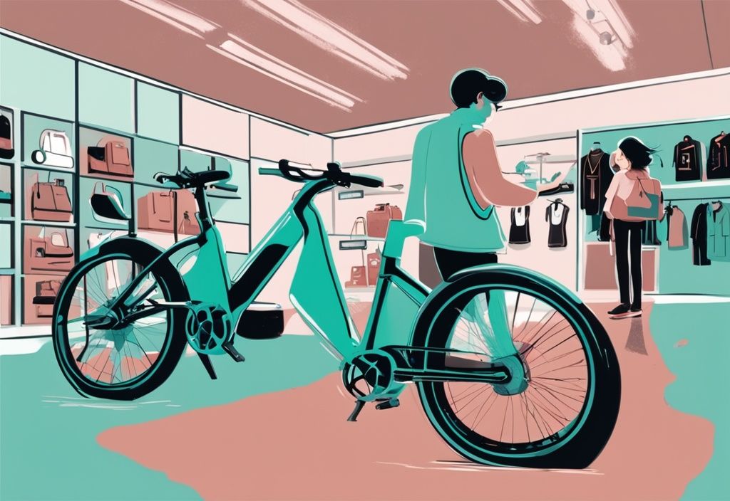 Person vergleicht zwei E-Bikes im Geschäft, eines mit Preisschild und das andere mit Leasing-Schild; Thema: E-Bike kaufen oder leasen, moderne digitale Malerei in Teal.