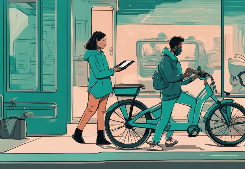 Moderne digitale Malerei mit Hauptfarbthema Türkis: Person vergleicht auf einem Tablet zwei Optionen, den Kauf oder das Leasing eines E-Bikes.